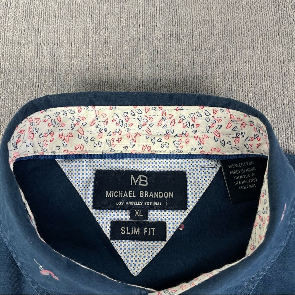 MB Michael Brandon Slim Fit Blue Flamingo Short Sleeve Button Down Shirt Men XL - Picture 2 of 6